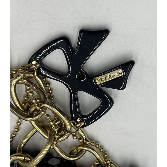 Betsey Johnson Heavy Multistrand Necklace Gold Tone Black White Ribbon Bow Charm - Picture 13 of 14